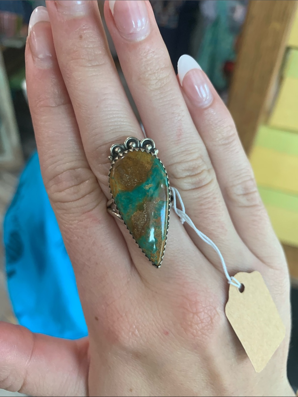 Chrysocolla Teardrop Statement Ring in Teal and Brown - Sterling-Style Setting
